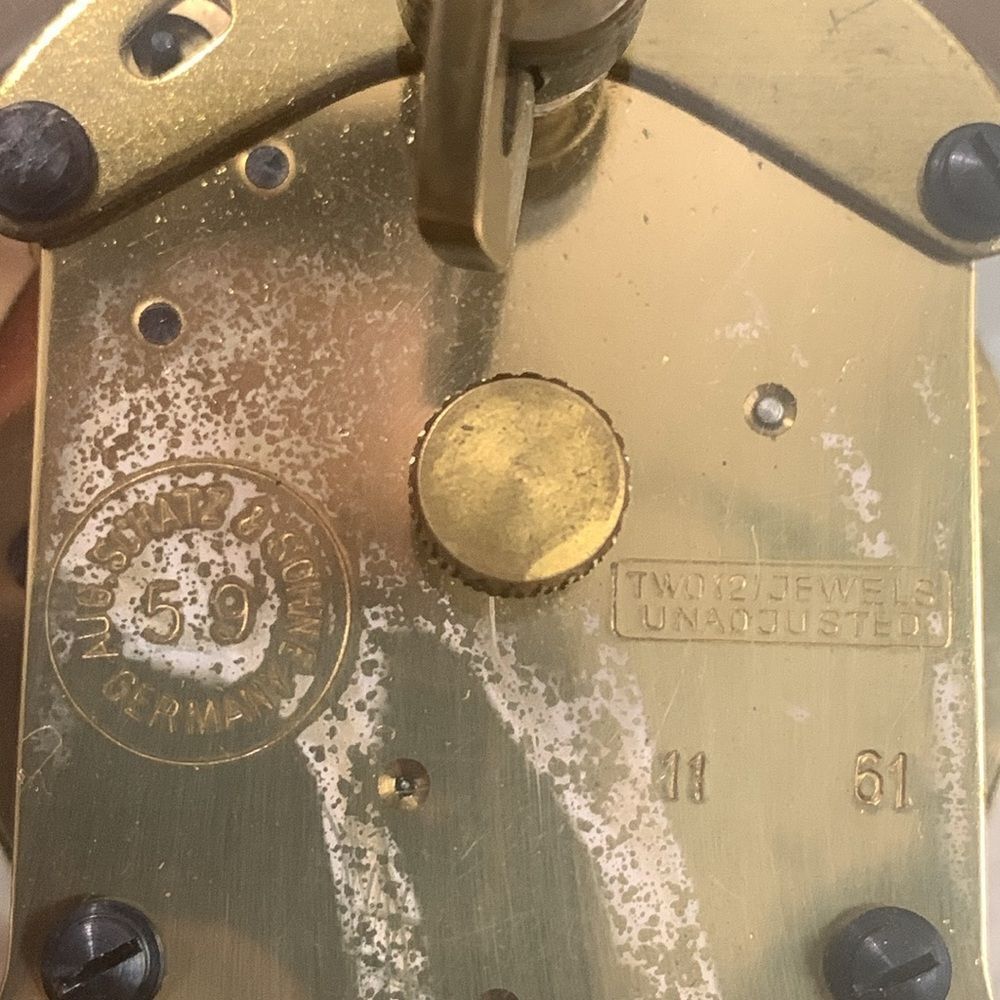 Vintage Schatz 8 Day Carriage Style Metal & Plastic Clock Moving Gear Mechanism - Picture 3 of 17